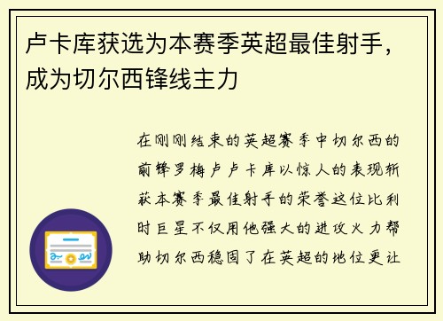 卢卡库获选为本赛季英超最佳射手，成为切尔西锋线主力